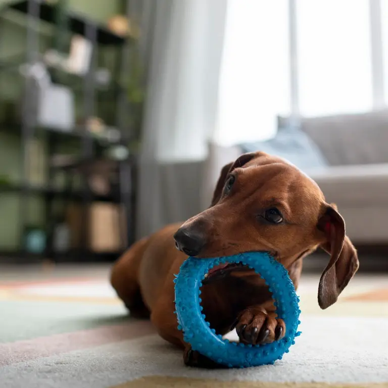 A dachshund settles in with its favourite chew toy