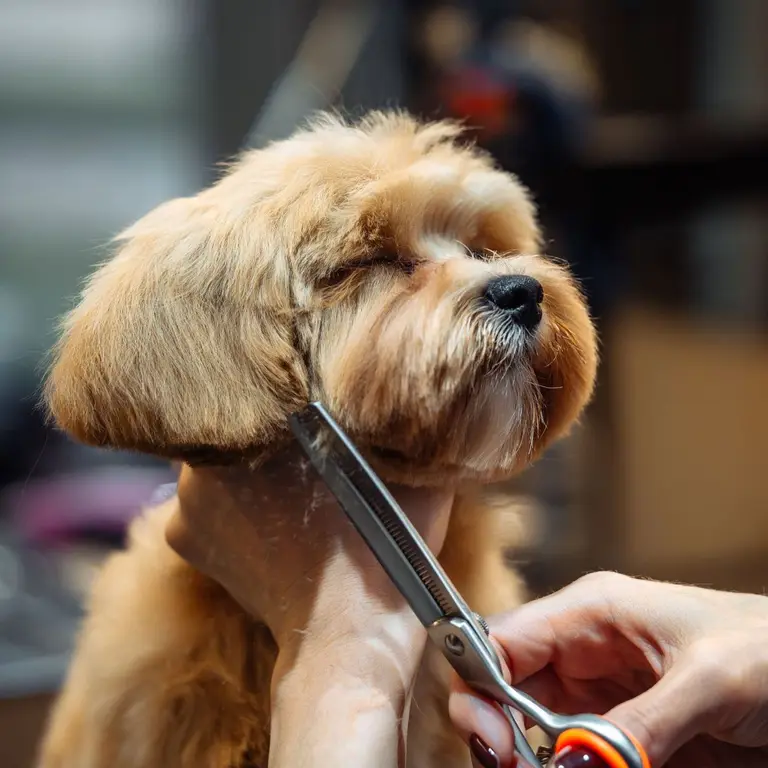 A professional groomer trims around a dog’s head with precision scissors